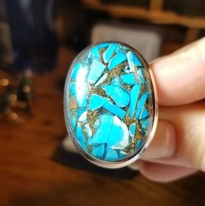 Turquoise and copper silver ring, sz 10 left only